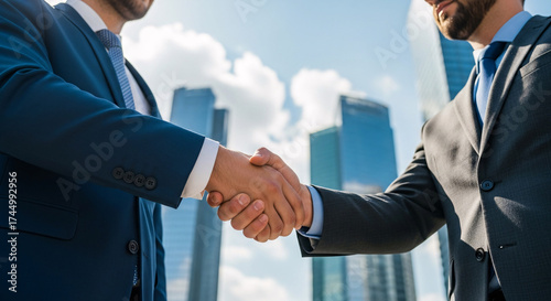 Two businessmen in suits shaking hands, a gesture of agreement, with skyscrapers in the background.