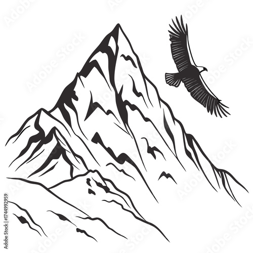 Striking monochrome illustration of a soaring eagle against a backdrop of a majestic mountain range, capturing the essence of freedom and the untamed beauty of nature