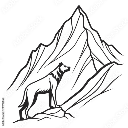A majestic wolf stands proudly atop a rocky outcrop, its gaze fixed on the towering mountain range in the background the scene exudes a sense of wilderness