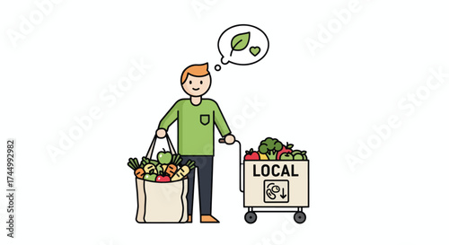 Man with shopping cart full of fresh local produce.