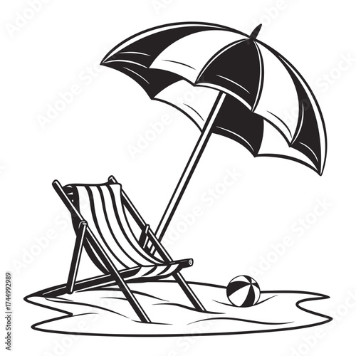 Illustration of a beach scene with a beach chair and umbrella, perfect for summer vacation designs a serene and inviting image for travel and leisure themes