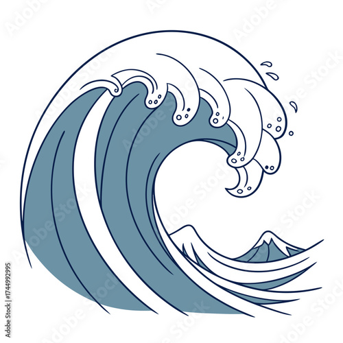 Illustration of a stylized ocean wave with distant mountain peak, capturing the serene beauty of nature, , a calm and minimalist design