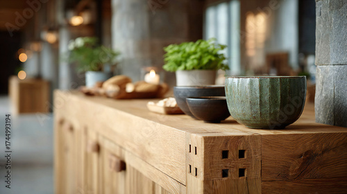 Wooden table and chairs in a cozy cafe interior with cups flowers and decorations