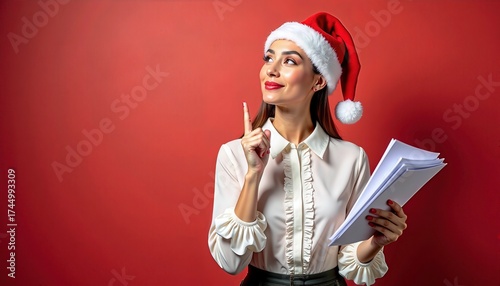 woman wearing a Santa hat and a white blouse holds a stack of papers and points upward against a red background. office holiday promotions, business greeting cards, space for text
