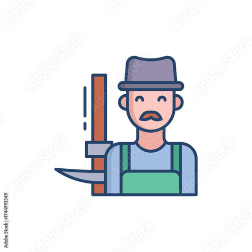 Cartoon of a man in a hat wearing overalls with a gauge possibly an illustration of a construction worker