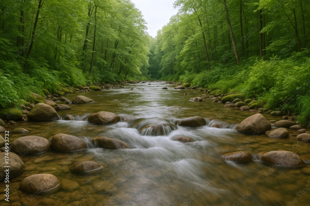 Fototapeta premium Serene River Flowing Through Lush Green Forest, Featuring Rocks and Abundant Foliage, Ideal for Nature and Landscape Projects