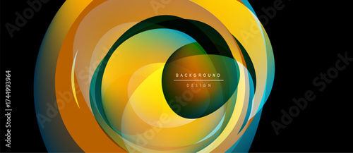 Abstract fluid layers create dynamic circular design. Warm yellows, oranges blend with cool blues, greens. Modern aesthetic.