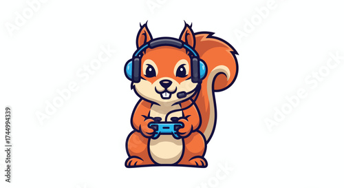 Cute cartoon squirrel playing video games with headset and controller.