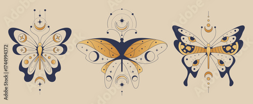 Boho butterfly illustrations with moons and celestial symbols on cream background - mystical moths with stars, crescents and geometric patterns. Spiritual nature designs for wellness branding.