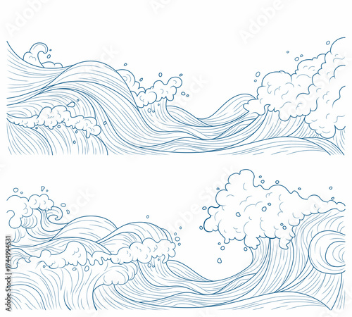 Japanese water wave line art with traditional ocean patterns - flowing blue outlines, foam clouds and splash details on white background. Oriental style border elements for minimalist cultural design.