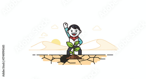 Determined person raising fist with plant growing from chest symbolizing growth and resilience.