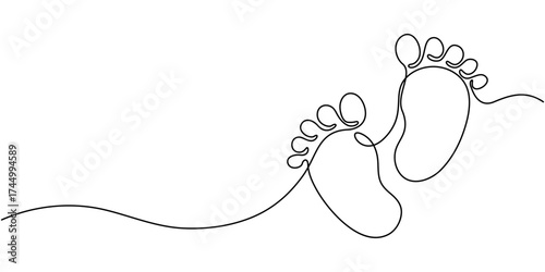 Footprint and bare foot continuous one line drawing, Elegance female feet in simple linear style, Concept of Wellness massage and Care about soft skin, Barefoot human footprint drawn in minimalist.