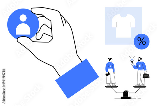 Hand selecting a user profile, shirt with discount symbol, and two people on scales exchanging ideas. Ideal for digital marketing, leadership, teamwork, analytics, business development