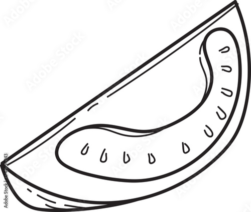 Tomato Slice Line Art Illustration. Hand-drawn outline of a fresh vegetable segment, perfect for coloring or graphic design.