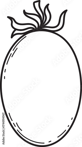 Hand-drawn black and white outline illustration of an oval tomato. Simple vector graphic for food, cooking, or garden themes.