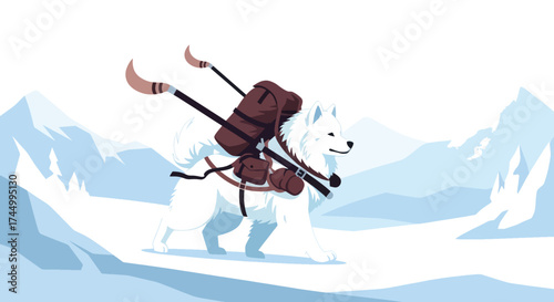 A white bear with a backpack and skis on its back walking through a snowy landscape.