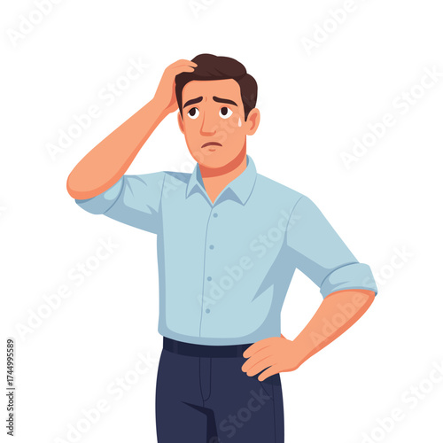 Confused young man scratching head with worried expression — stress, doubt, problem solving, decision making, frustration, uncertainty, anxiety, flat vector character illustration.