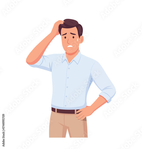 Confused young man scratching head with worried expression — stress, problem solving, doubt, decision making, puzzled expression, thinking, anxiety, mental health, flat vector character illustration.