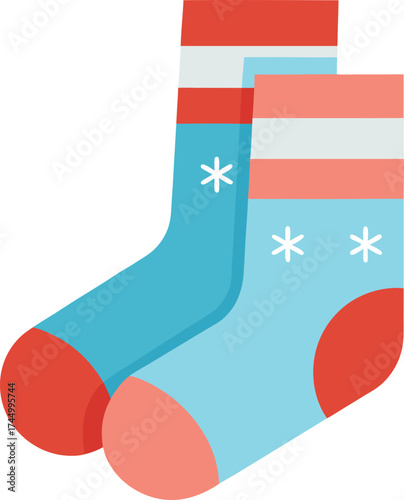 Two blue and coral striped socks with white snowflakes