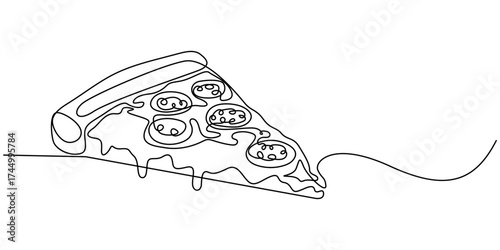 One line Drawing or illustration of slice of pizza with pepperoni and mushrooms, Continuous one line drawing of pizza slice, One line drawing illustration of italian pizza, Fast food, junk food pro.