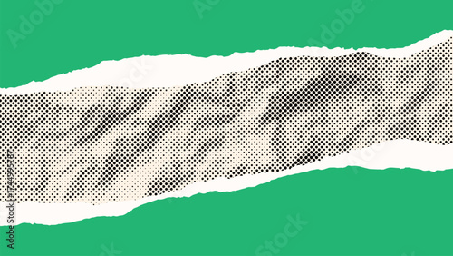 Vintage background with comic halftone dotted crumpled paper. Realistic torn page with uneven edges. Green cool banner. Funny template for presentation, layout, collage. Vector EPS10