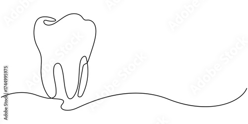 Teeth continuous one line drawing and simple isolated outline vector design, Tooth continuous one line drawing, Dental symbol. Vector illustration, Single line art tooth icon, Medical symbol.