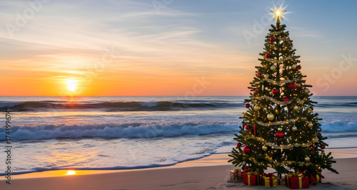 Fototapeta Naklejka Na Ścianę i Meble -  Christmas Tree on a Tropical Beach at Sunset