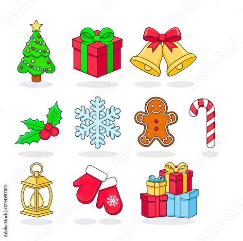 Christmas icon collection featuring tree, gifts, bells, snowflake, gingerbread, and candy cane in soft pastel colors.
