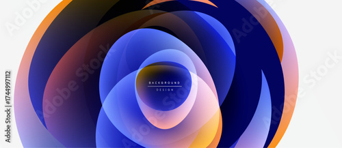 Abstract layers create swirling, colorful effect. Gradient hues blend, forming dynamic circular composition. Modern design element.
