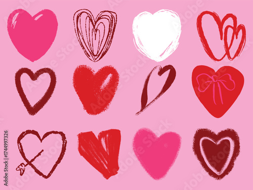 Various Hearts hand-Drawn love, Valentine's Day, romance, affair concept collection different textures, Isolated elements