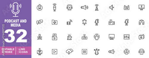 Podcast and media set of web icons in line style. Containing Download, Microphone, Music, Tablet, Computer, Headphones and more. Editable stroke icons collection.
