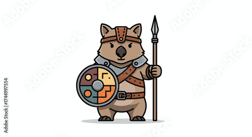 Cute Wombat Warrior Holding Shield and Spear.