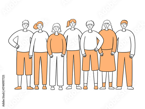 Diverse Group of Young Adults. Standing Together. Team of Happy People. Hand Drawn People Illustration.