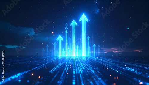 Futuristic digital growth chart with glowing blue arrows pointing upward, symbolizing success, progress, business growth, and data analytics on dark background.