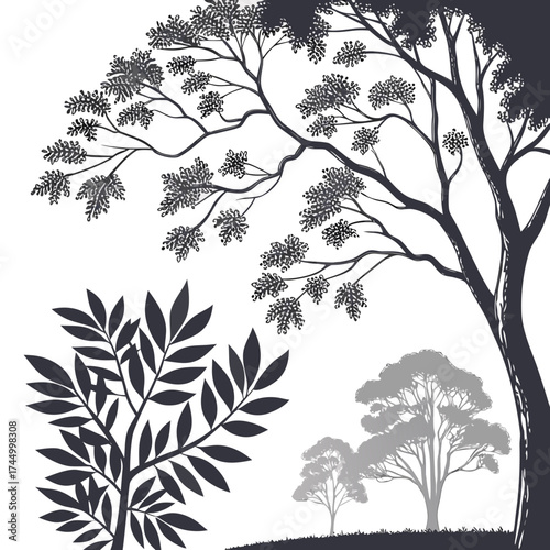 Silhouette of trees, creating a serene and minimalist nature scene with a touch of artistic flair and a sense of tranquility and peace