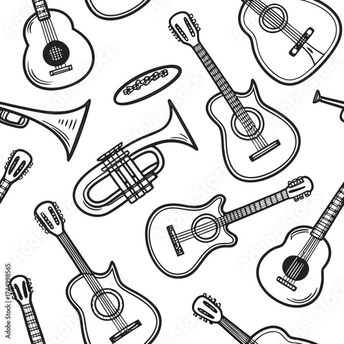 Seamless pattern with hand drawn doodle musical instruments vector illustration with guitar, trumpet, harmonica perfect for wallpaper, textile, fabric