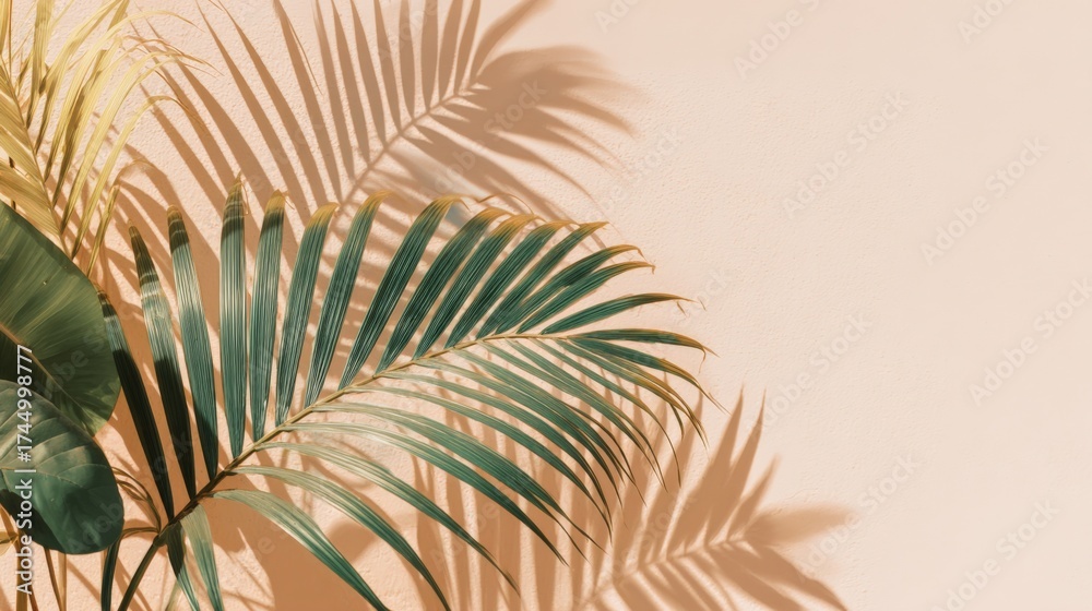 Fototapeta premium Tropical Palm Leaves Casting Shadows on a Neutral Background, Ideal for Summer Mockups and Designs