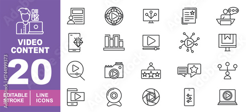 Video content set of web icons in line style. Containing Mobile, Diamond, Play, Webcam, Lens and more. Editable stroke icons collection.