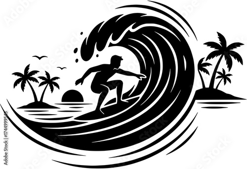 Surfer Silhouette Riding a Wave with Palm Trees and the Sun in Black and White Logo Design