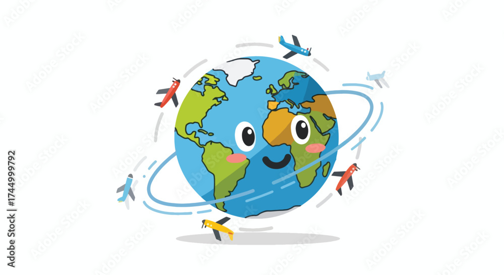 Obraz premium Cute cartoon Earth with airplanes flying around it.