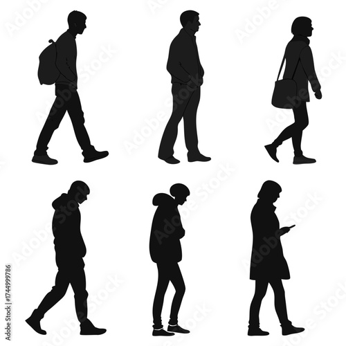 Silhouettes of six people walking men and women are depicted in black against a white backdrop, showcasing diverse styles and accessories