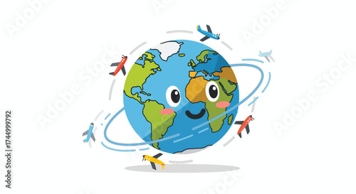 Cute cartoon Earth with airplanes flying around it.