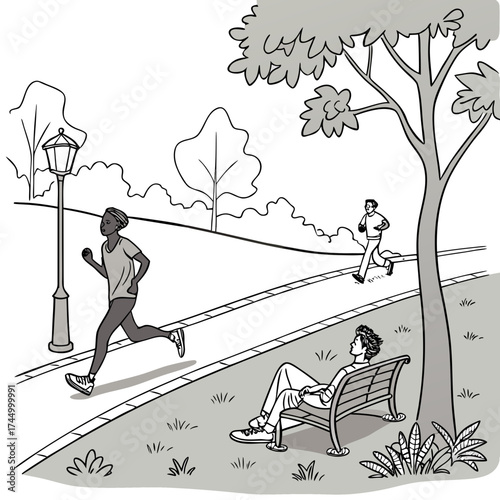 A serene park scene unfolds with a jogger gracefully moving along a paved path, while another figure sprints in the distance, and a relaxed individual reclines on a bench beneath a tree