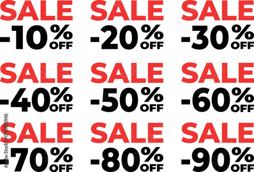 A set of vector discount stickers for printing and online stores. Flat design with discount percentages of 10, 20, 30, 40, 50, 60, 70, 80, and 90%. Sale tags, price signs, special offer symbols, and d
