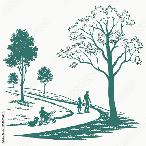 A peaceful park illustration depicts a winding path, lush trees, and people enjoying the outdoors, including a parent with a child and a person with a stroller