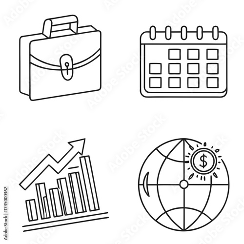 A set of business icons in a clean, minimalist style, featuring a briefcase, calendar, graph, and globe, representing finance, planning, growth, and international business