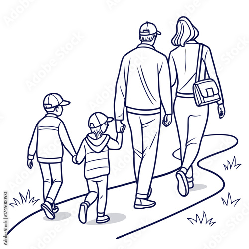 Illustration of a family walking together on a path, viewed from behind, the parents and two children are wearing casual clothes and caps, enjoying a stroll