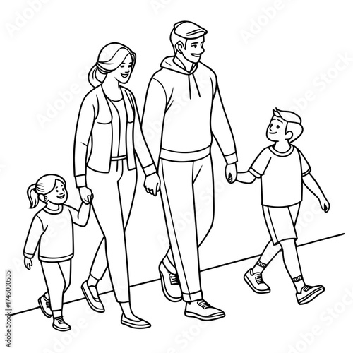 Illustration of a family of four walking together, the parents and children are holding hands, enjoying a stroll in casual clothes, happy and smiling