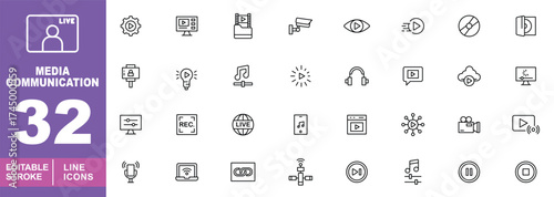 Media set of web icons in line style. Containing Gear, Computer, Camera, Eye, Cloud, Headphone, Tablet, Graph, Live, Play, CD, Globe, Mobile, Camera, Camera, Camera and more. Editable stroke icons