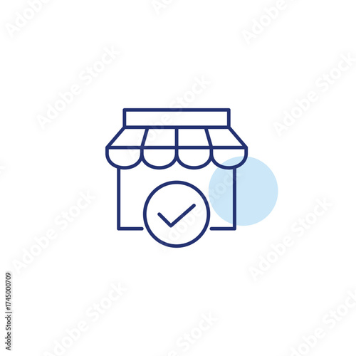 Store and checkmark. Shopping, verified user account and purchase. Pixel perfect, editable stroke vector icon